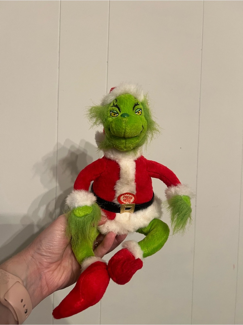 Festive Jim Carey Green Grinch Plush in Red Santa Outfit